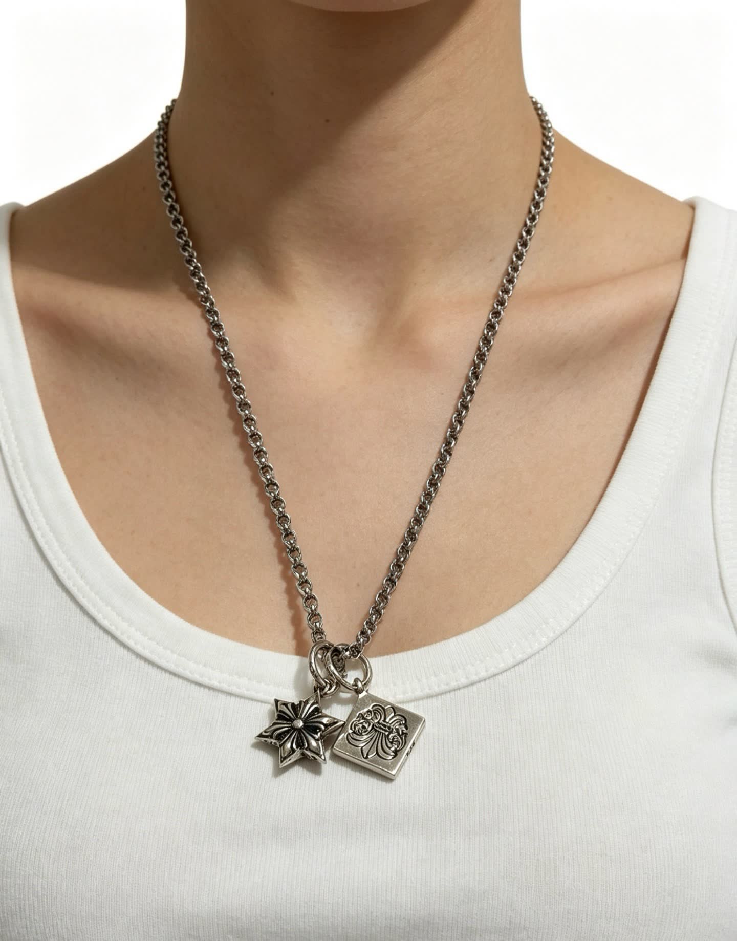 Chrome Hearts Silver Star and Square Charm Necklace
